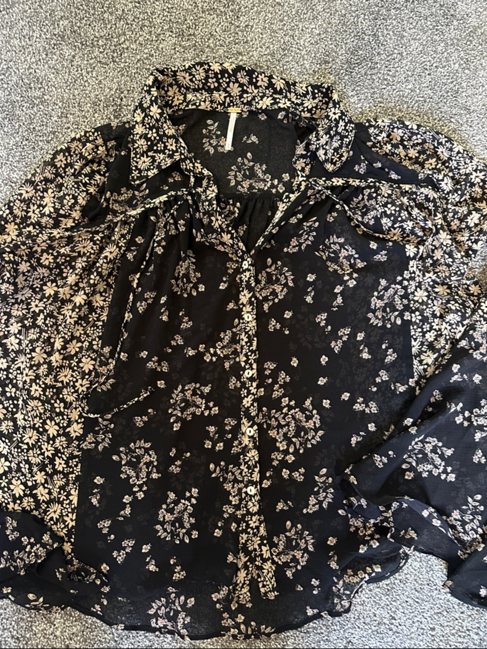 Free People Black Top with Cream Floral Print Size M